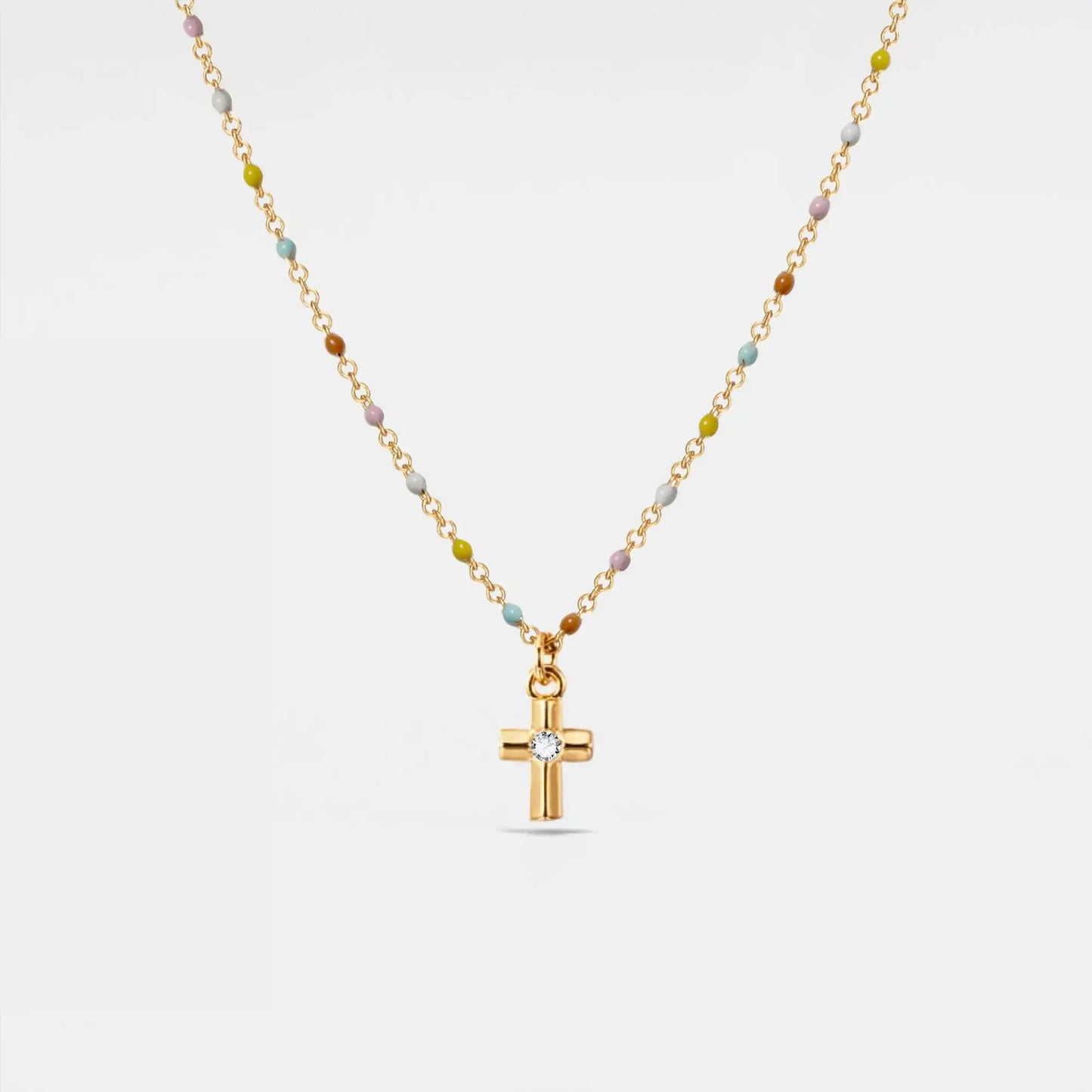 Cross Boho Color Bead Charm Necklace in 925 Sterling Silver: Silver