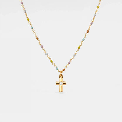 Cross Boho Color Bead Charm Necklace in 925 Sterling Silver: Silver