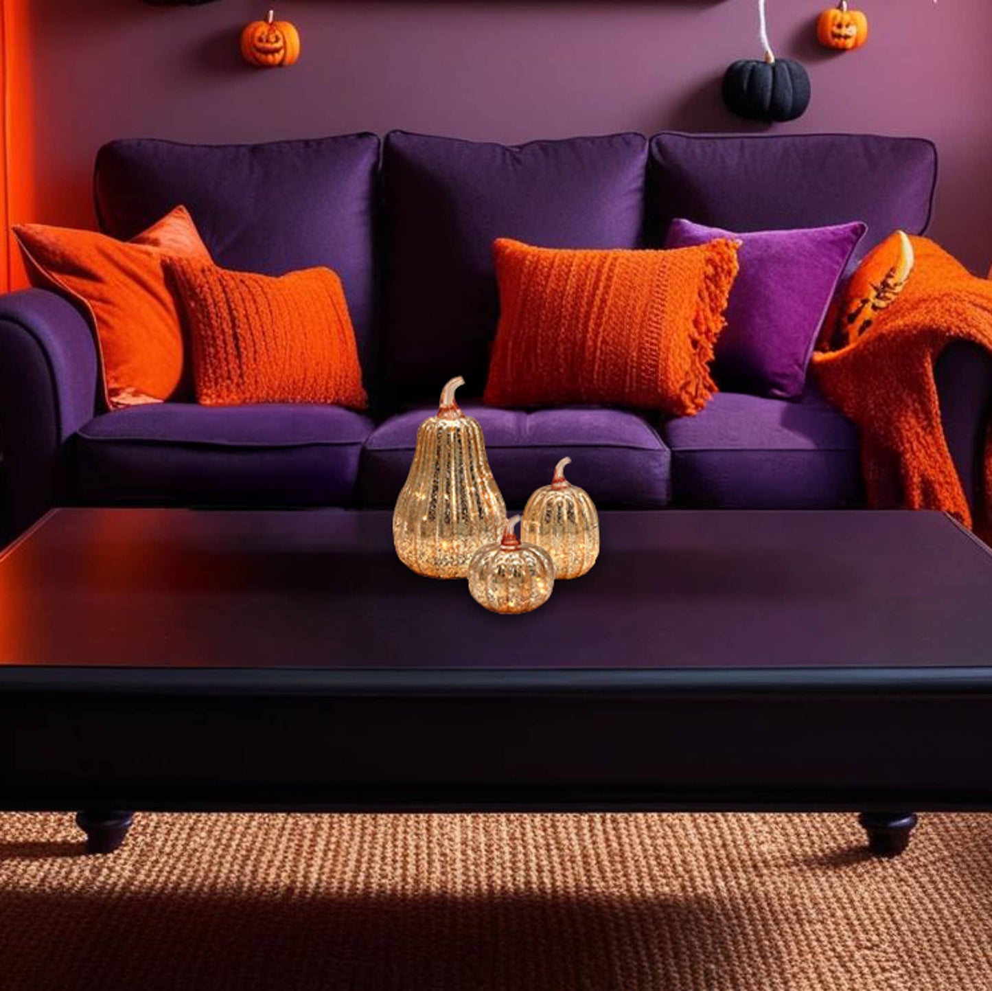 Battery-Operated Gold Mercury Glass Pumpkins - Set of 3