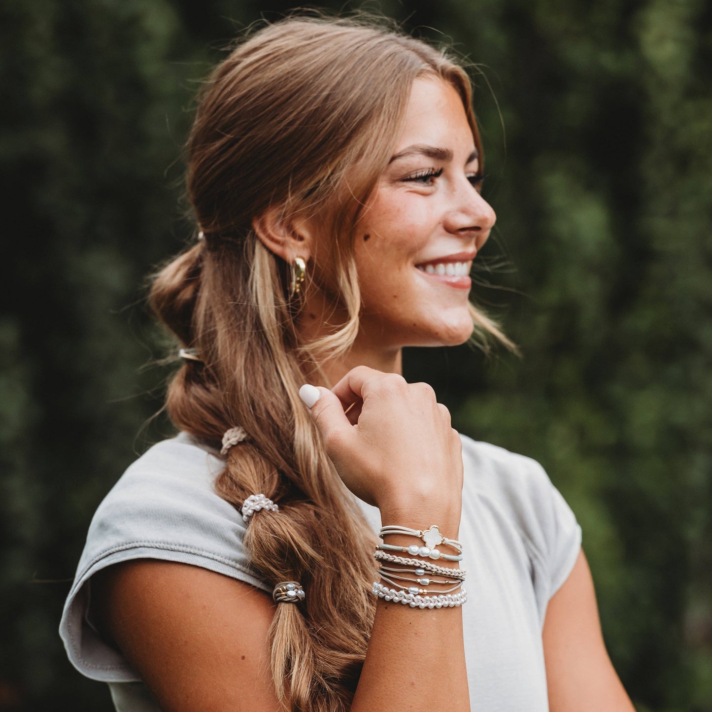 "Glimmer" Soft Pinks with Pearl and Gold Accent Hair Tie Bracelets: Small