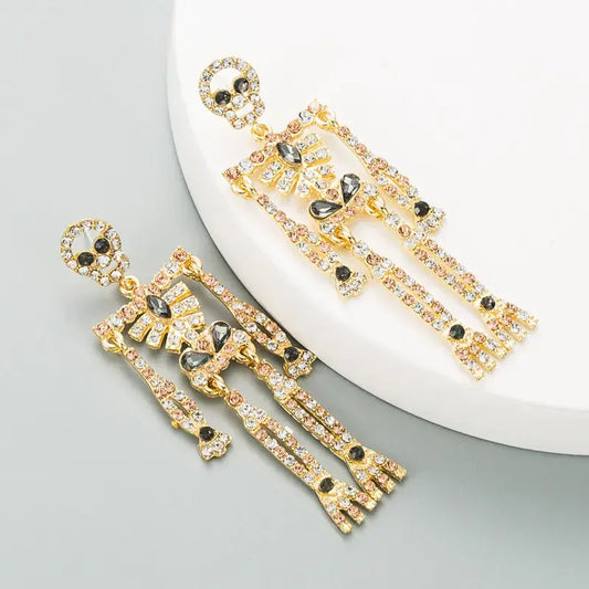 Halloween Skeleton Alloy Inlaid Rhinestone Earrings Jewelry: Gold