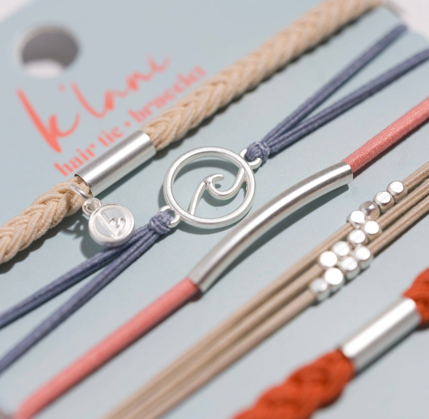 "Celebrate" Blues and Corals With Silver Wave Charm Hair Tie Bracelets: Medium