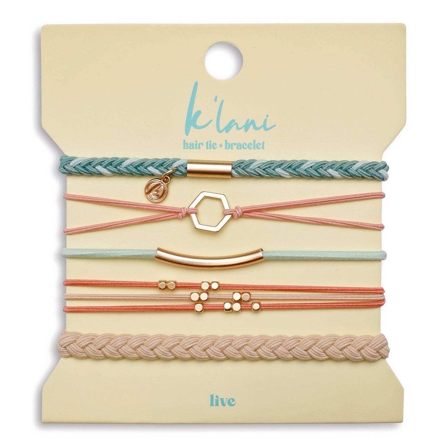 "Live" Teal & Coral with Gold Accent Hair Tie Bracelets: Small