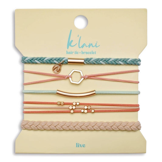 "Live" Teal & Coral with Gold Accent Hair Tie Bracelets: Small