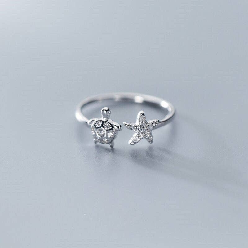 Sea Turtle Starfish Ocean Beach Ring in Solid Copper: Gold
