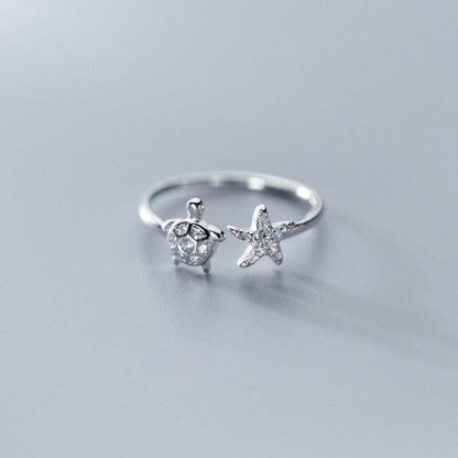 Sea Turtle Starfish Ocean Beach Ring in Solid Copper: Gold