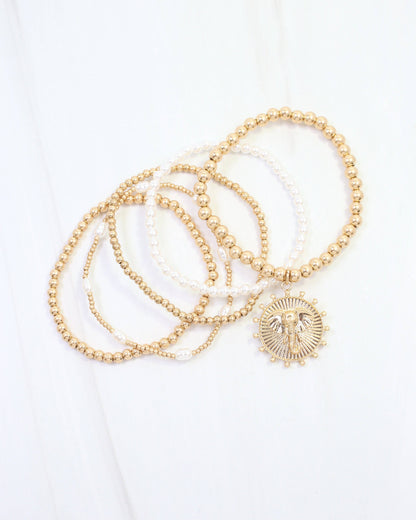 Carmen Coin Beaded Bracelet Set Elephant Worn Gold: Default