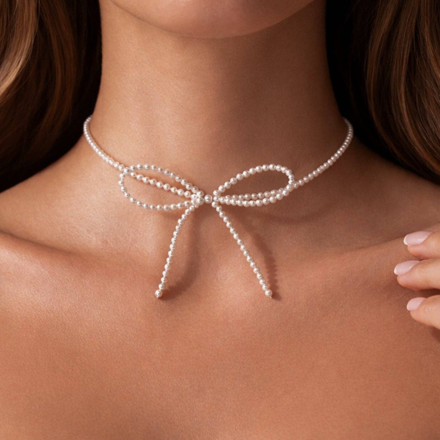Beaded Pearl Bow Tie Choker Necklace - 7312: S0OX3T7312