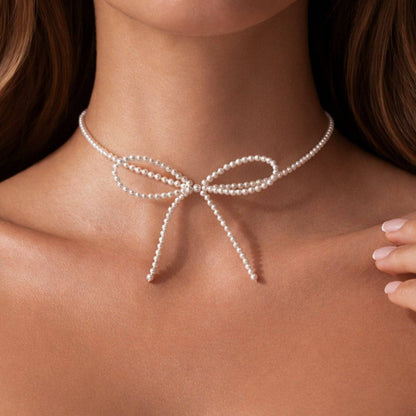 Beaded Pearl Bow Tie Choker Necklace - 7312: S0OX3T7312