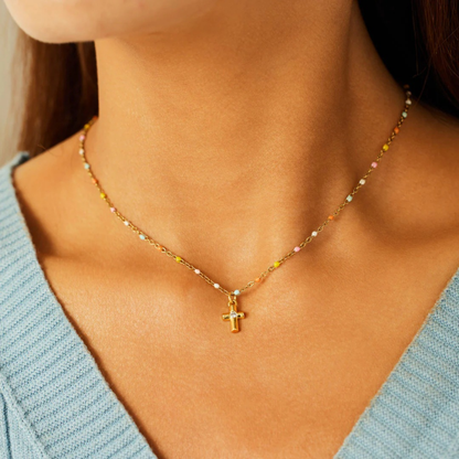 Cross Boho Color Bead Charm Necklace in 925 Sterling Silver: Silver