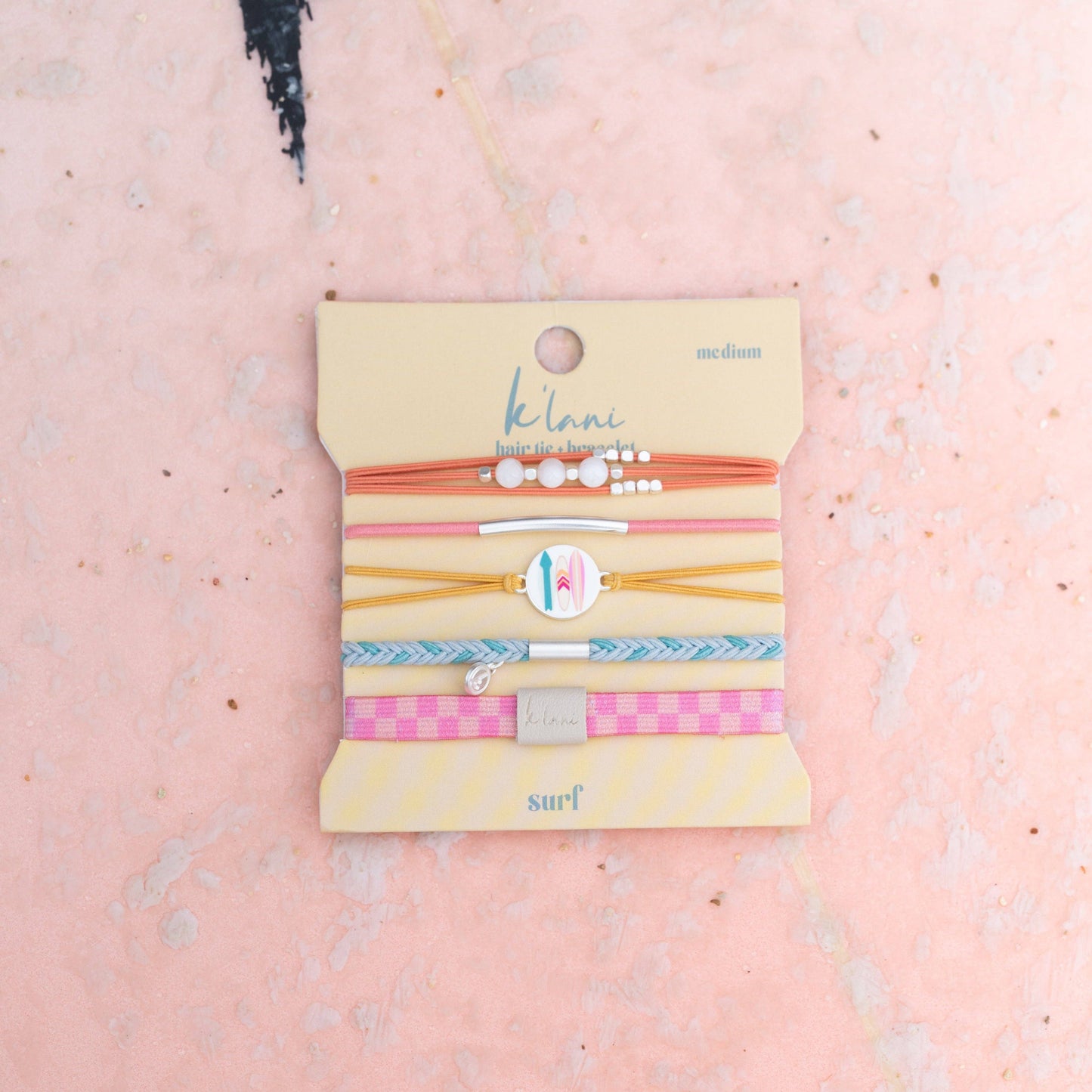 "Surf" Surfboard with Silver Accents Hair Tie Bracelets: Medium