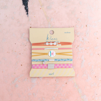 "Surf" Surfboard with Silver Accents Hair Tie Bracelets: Medium