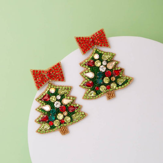 Jeweled Christmas Tree Beaded Embroidery Earrings