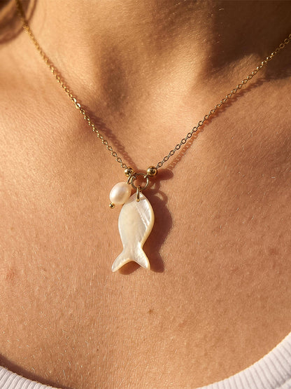 Coquette 18K Gold Non-Tarnish White Fish Necklace: Yellow Gold