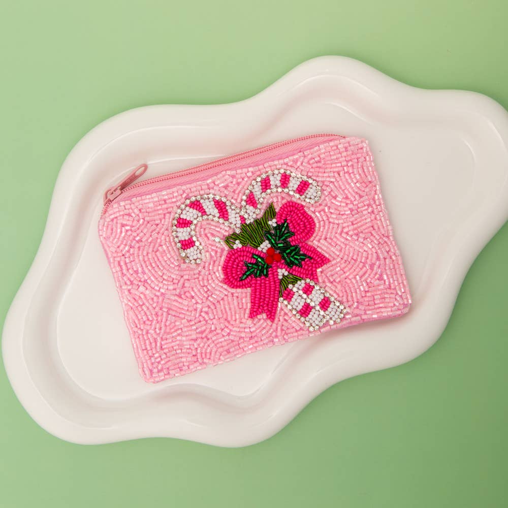 Christmas Candy Cane & Mistletoe Coin Bag: Pink