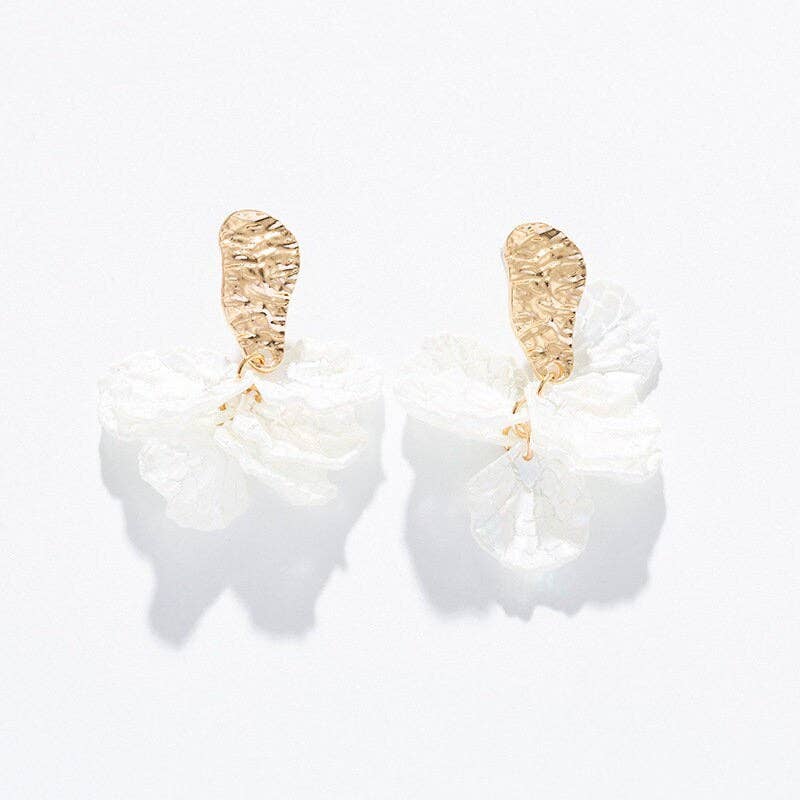 White Cracked Shell Flower Petal Earrings in Stainless Steel