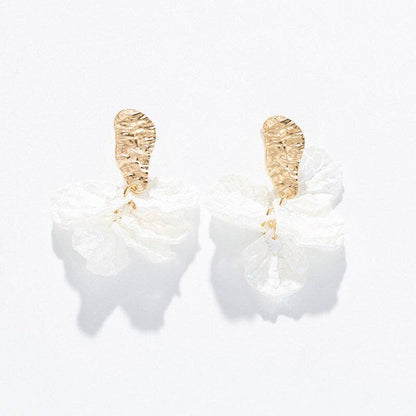 White Cracked Shell Flower Petal Earrings in Stainless Steel