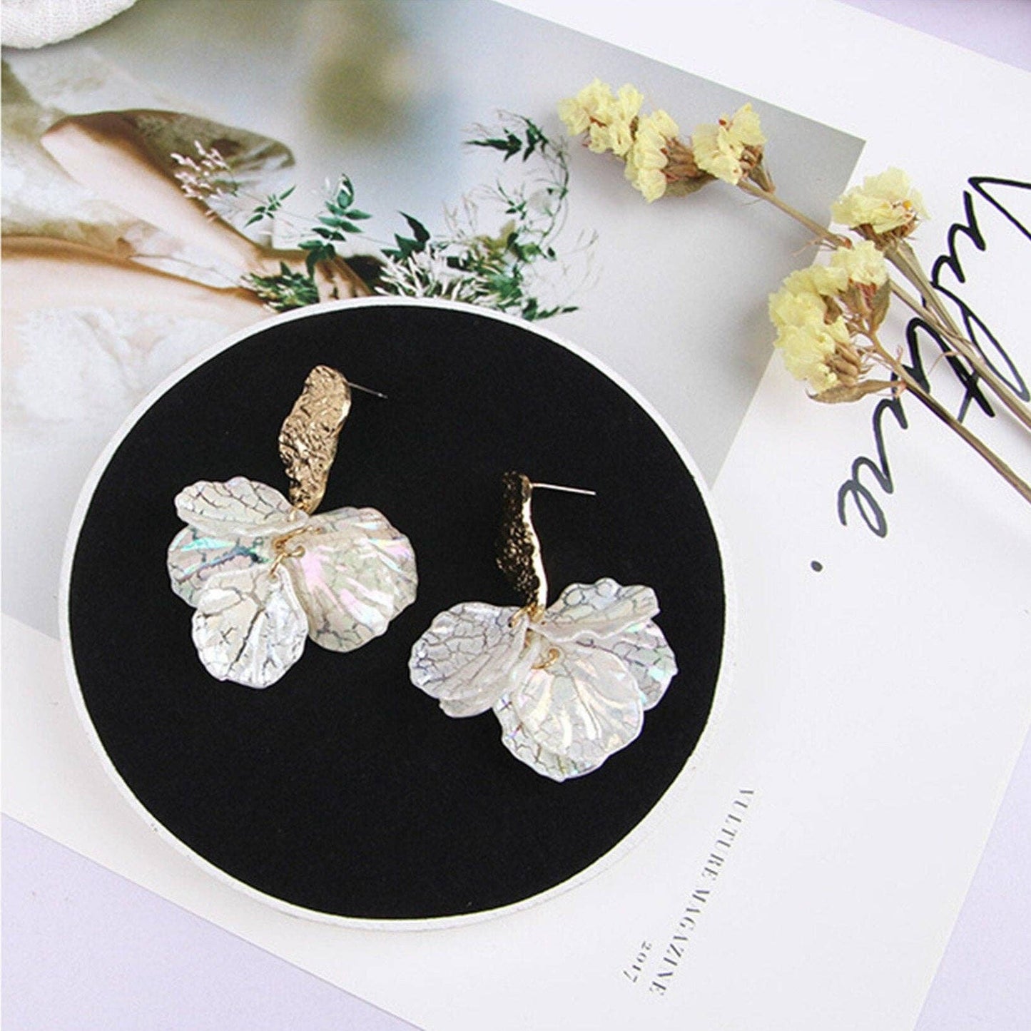 White Cracked Shell Flower Petal Earrings in Stainless Steel