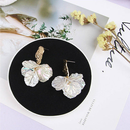 White Cracked Shell Flower Petal Earrings in Stainless Steel