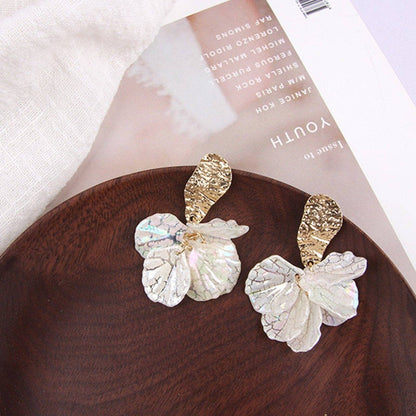 White Cracked Shell Flower Petal Earrings in Stainless Steel