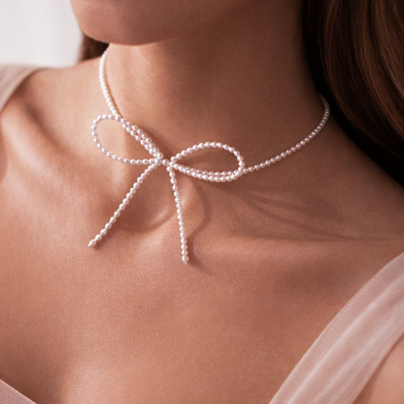 Beaded Pearl Bow Tie Choker Necklace - 7312: S0OX3T7312