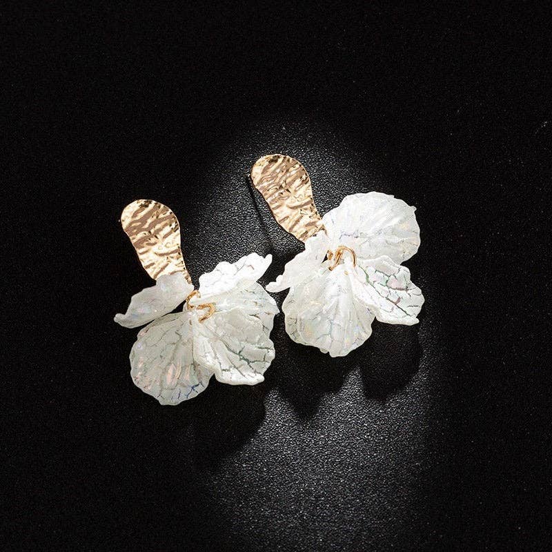 White Cracked Shell Flower Petal Earrings in Stainless Steel