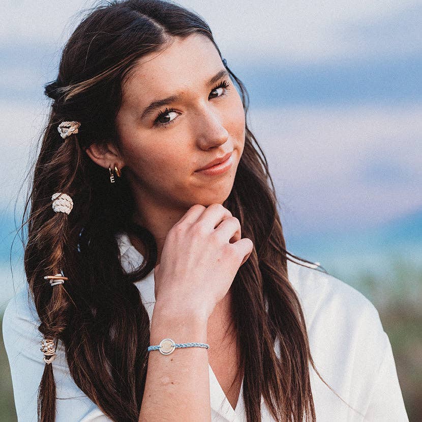 "Wonder" Soft Creams and Blues with Pearls and Gold Hair Tie Bracelets: Medium