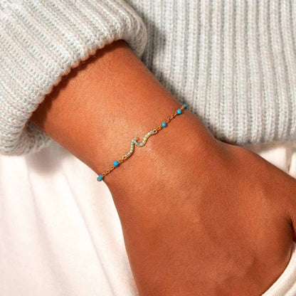 Blue CZ Wave Enamel Station Bracelet in 925 Sterling Silver