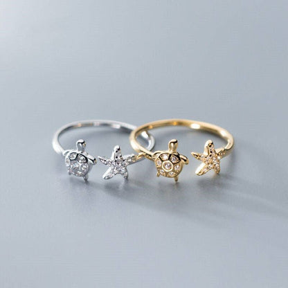 Sea Turtle Starfish Ocean Beach Ring in Solid Copper: Gold