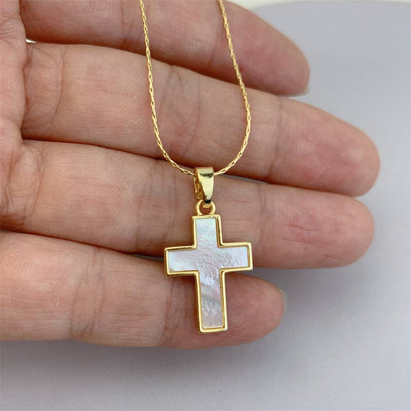 Gold Mother Of Pearl Cross Pendant Necklace in Solid Copper