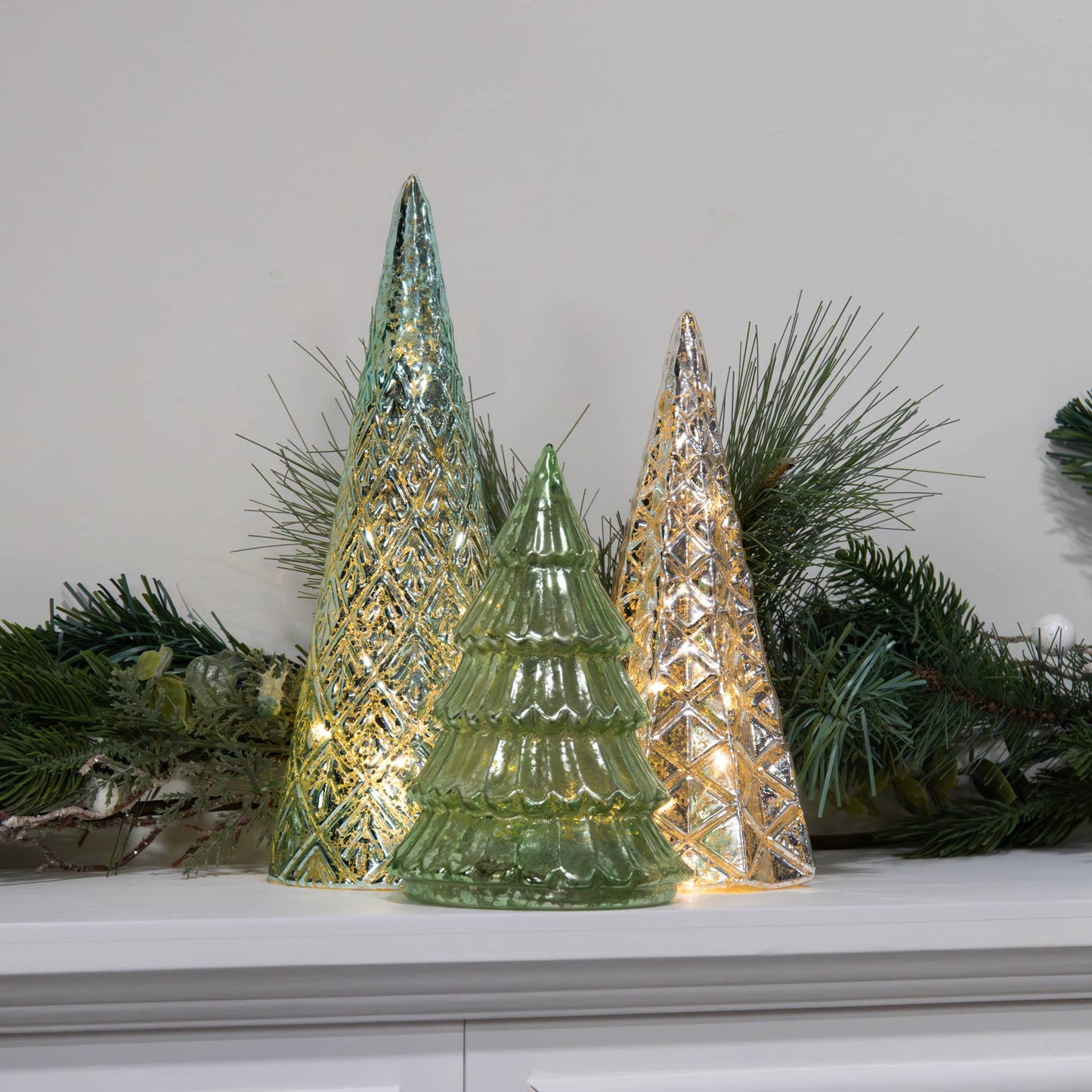 Battery Operated Green & Silver Trees - Set of 3