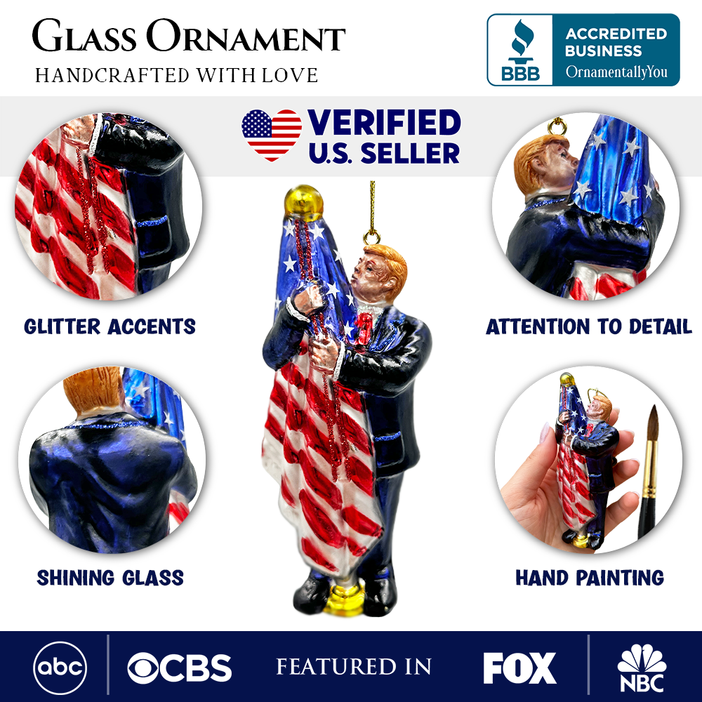 Donald Trump Kissing the American Flag Glass Ornament