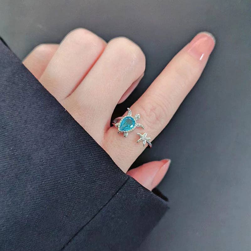 Cute Blue Sea Turtle Starfish Stacking Ring in Solid Copper