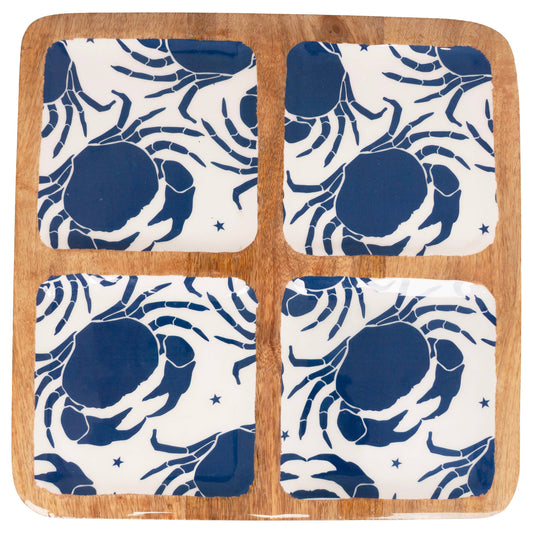 11.75" Dia. Navy Crabs Mango Wood 4 Sectioned Tray