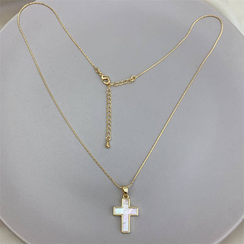Gold Mother Of Pearl Cross Pendant Necklace in Solid Copper