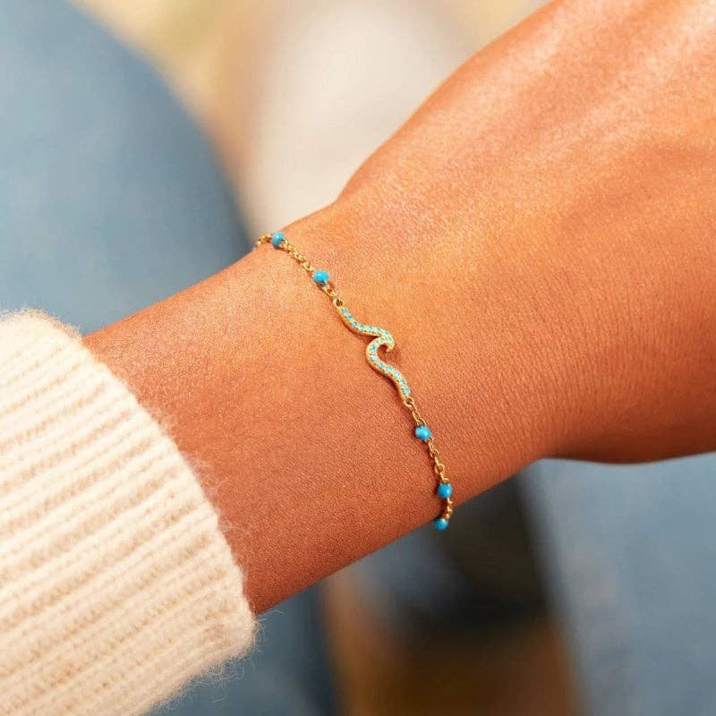 Blue CZ Wave Enamel Station Bracelet in 925 Sterling Silver