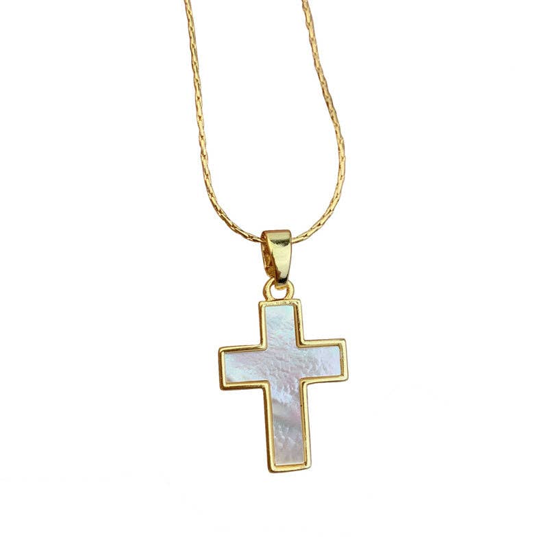 Gold Mother Of Pearl Cross Pendant Necklace in Solid Copper