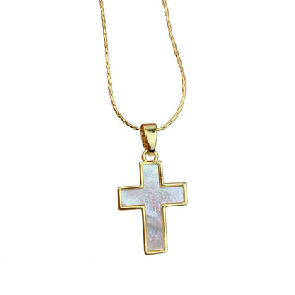 Gold Mother Of Pearl Cross Pendant Necklace in Solid Copper