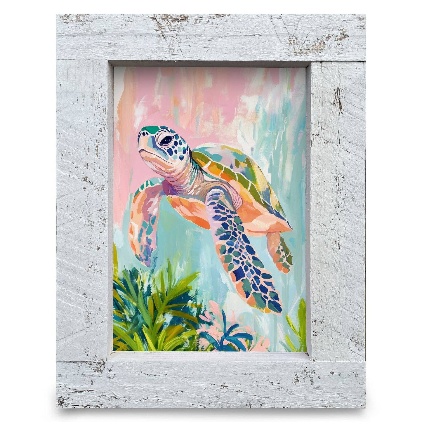 Pastel Sea Turtle | Real Wood Framed Wall Art Print: 8"x12"