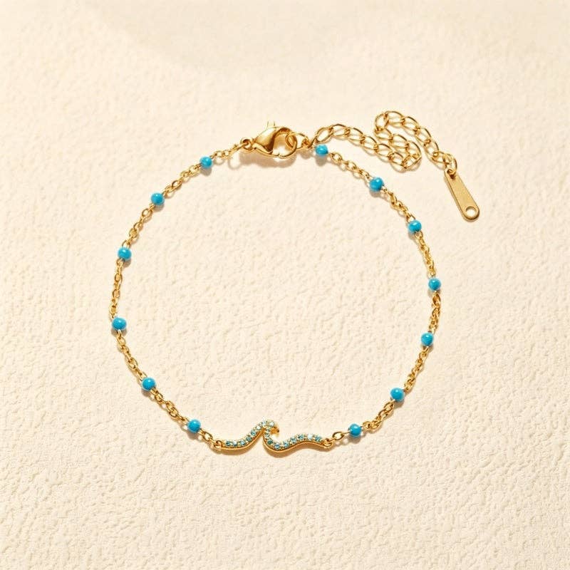 Blue CZ Wave Enamel Station Bracelet in 925 Sterling Silver