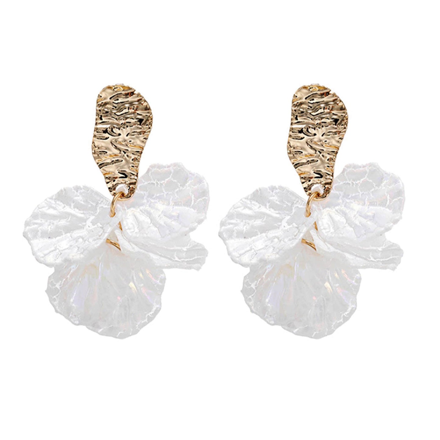 White Cracked Shell Flower Petal Earrings in Stainless Steel