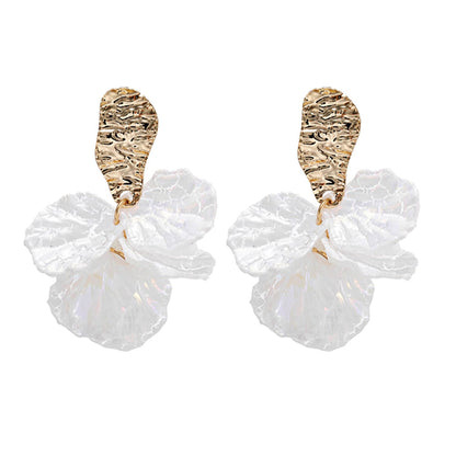 White Cracked Shell Flower Petal Earrings in Stainless Steel