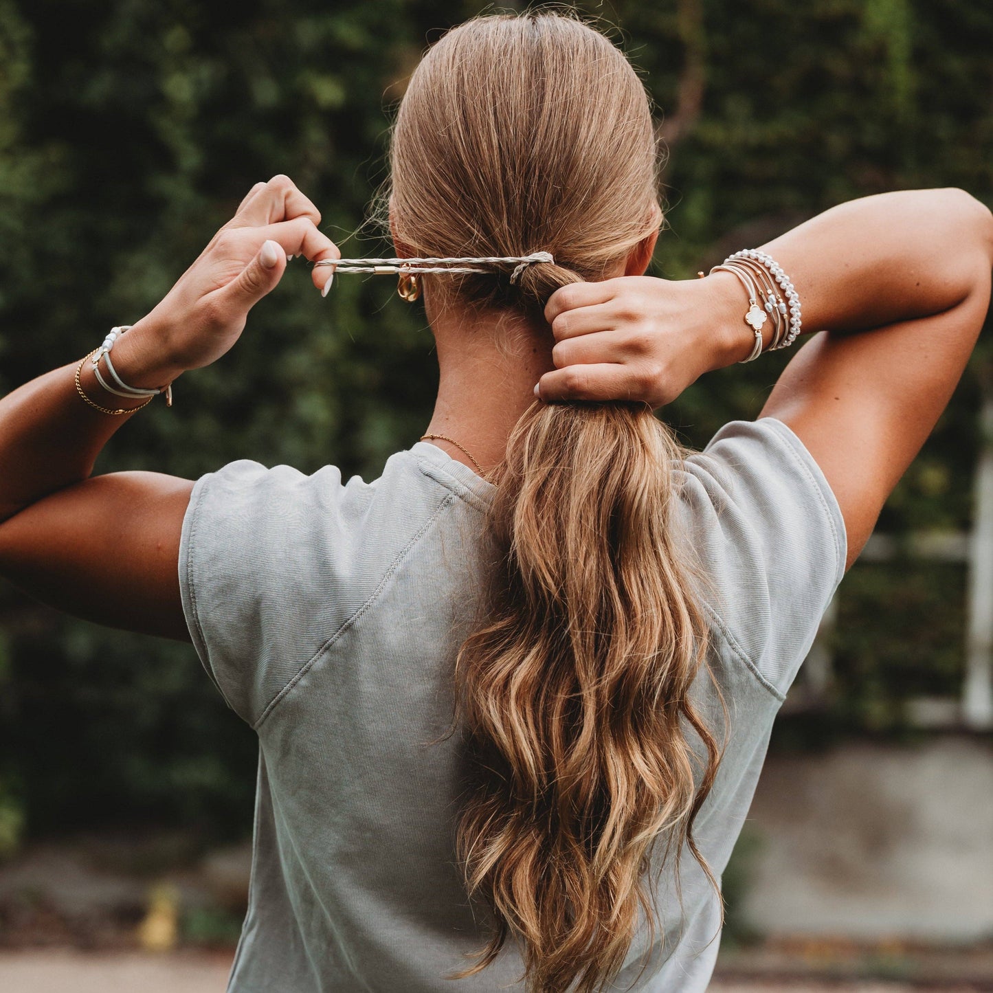 "Glimmer" Soft Pinks with Pearl and Gold Accent Hair Tie Bracelets: Small