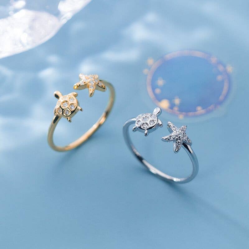 Sea Turtle Starfish Ocean Beach Ring in Solid Copper: Gold