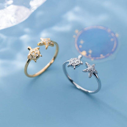 Sea Turtle Starfish Ocean Beach Ring in Solid Copper: Gold