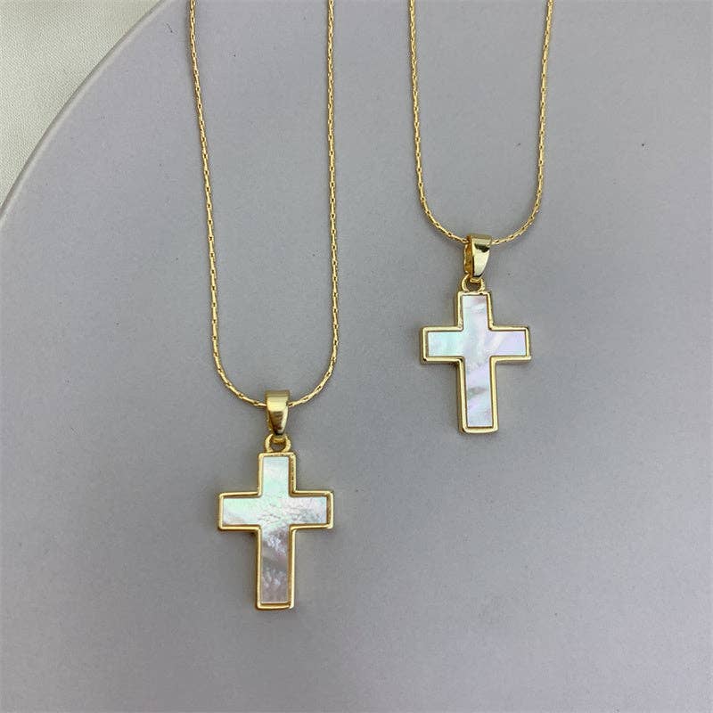 Gold Mother Of Pearl Cross Pendant Necklace in Solid Copper