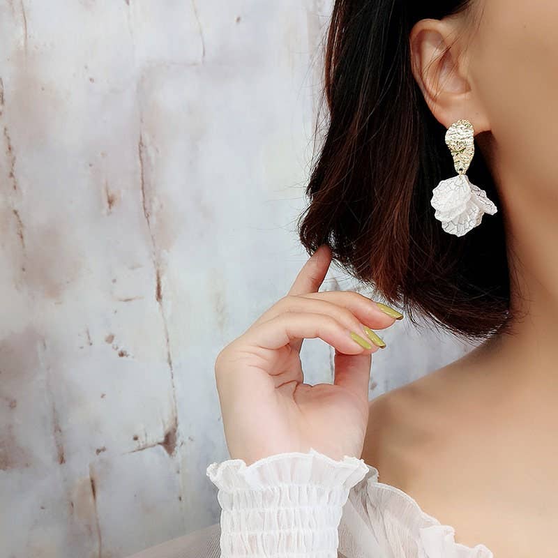 White Cracked Shell Flower Petal Earrings in Stainless Steel