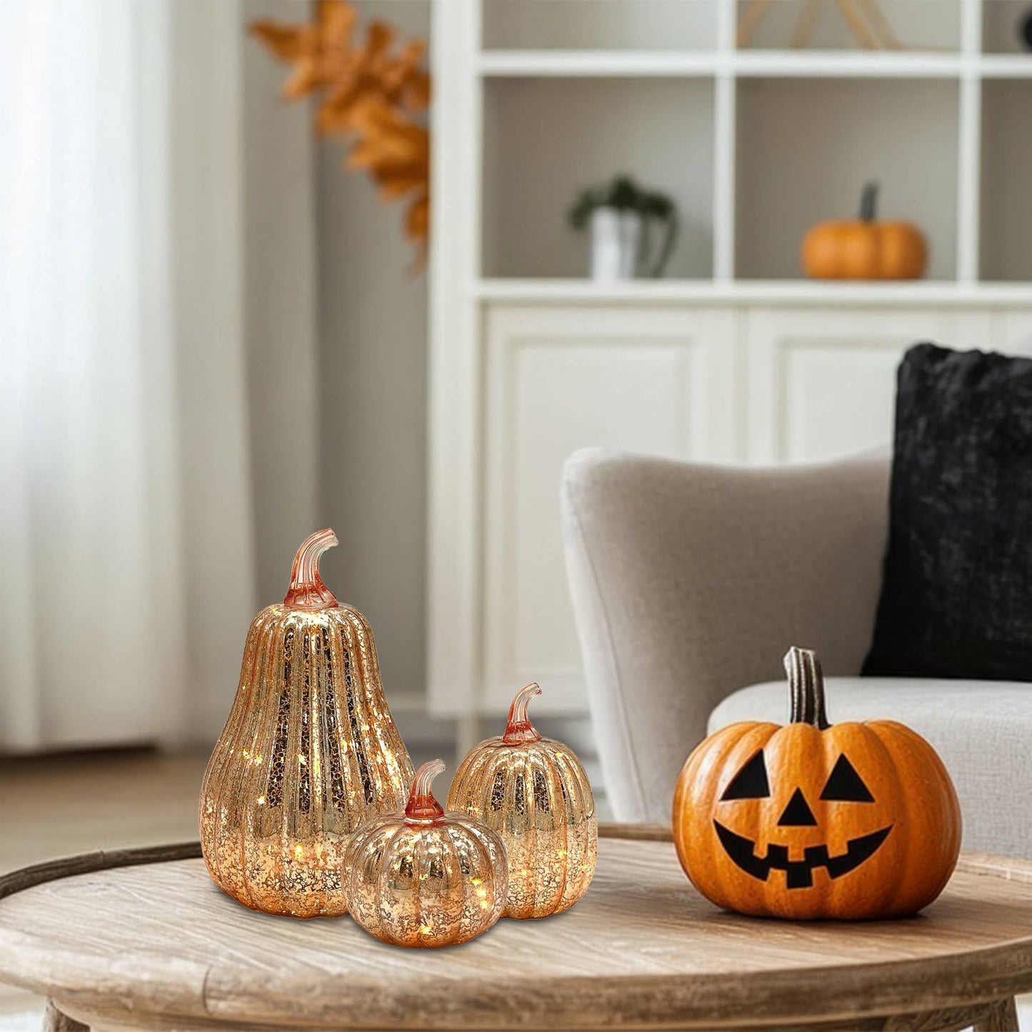 Battery-Operated Gold Mercury Glass Pumpkins - Set of 3
