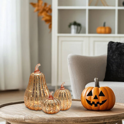 Battery-Operated Gold Mercury Glass Pumpkins - Set of 3