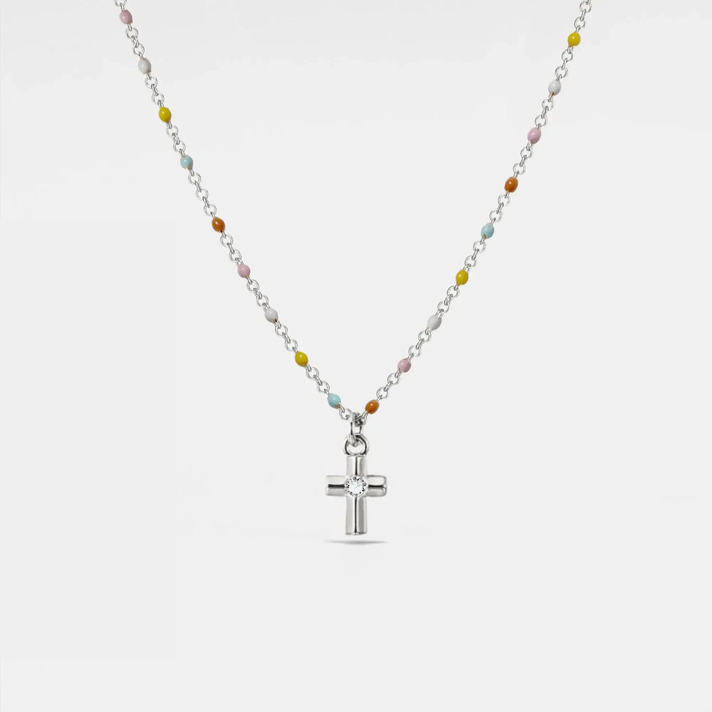 Cross Boho Color Bead Charm Necklace in 925 Sterling Silver: Silver